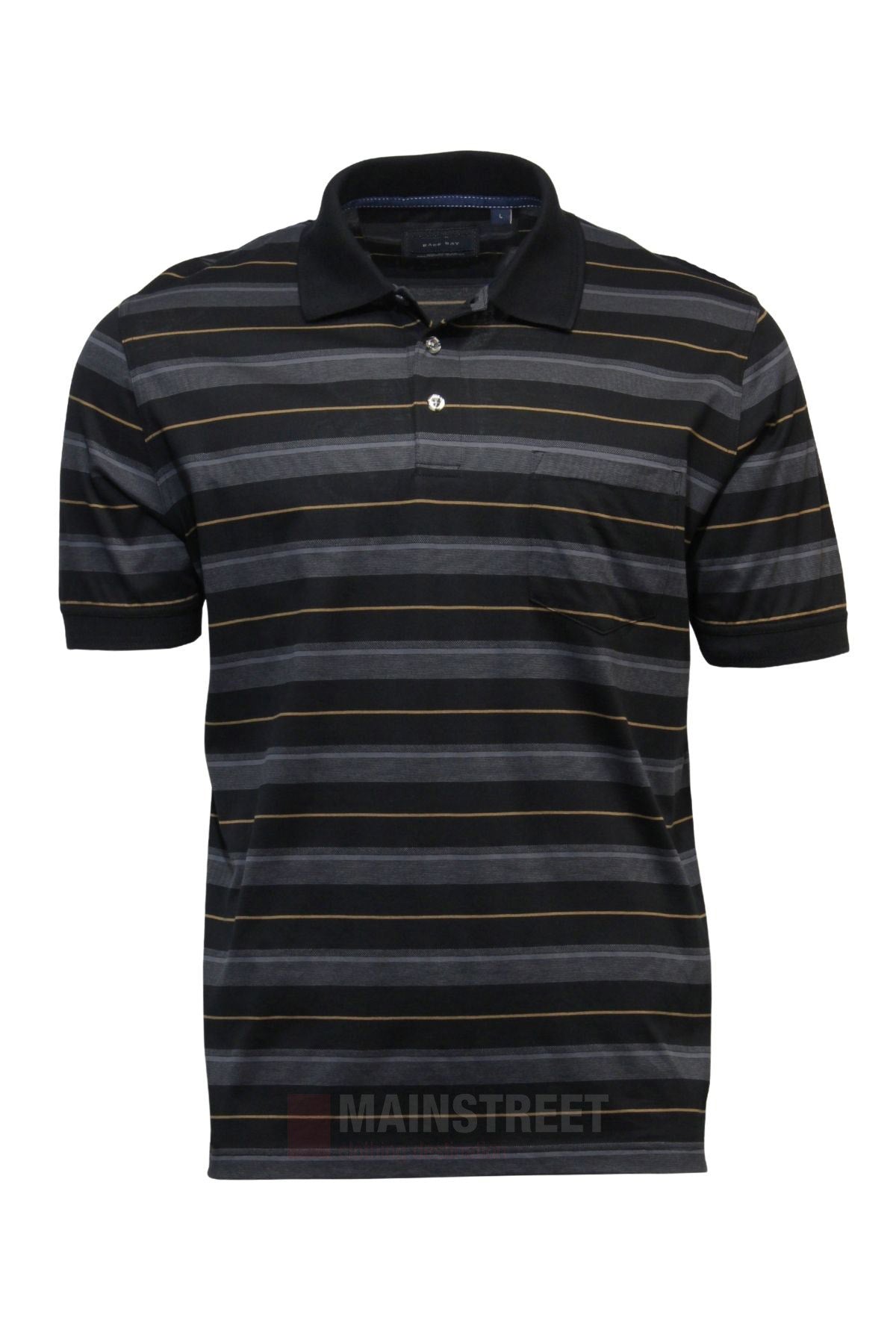 The Back Bay Mercerised Cotton Stripe Polo is a short-sleeved black polo with a collar, buttons, gray/white/brown horizontal stripes, a left chest pocket, and comes with a size guide for easy half chest measurement.