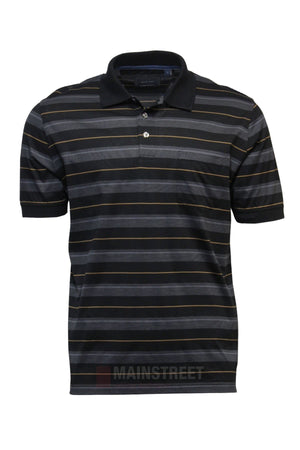 The Back Bay Mercerised Cotton Stripe Polo is a short-sleeved black polo with a collar, buttons, gray/white/brown horizontal stripes, a left chest pocket, and comes with a size guide for easy half chest measurement.