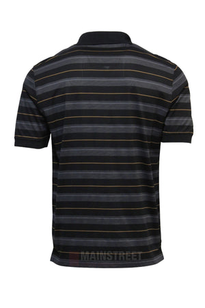 The Back Bay Mercerised Cotton Stripe Polo features black short sleeves and horizontal gray, brown, and white stripes, shown from the back against a white background. For the ideal fit, check our size guide and half chest measurement details.