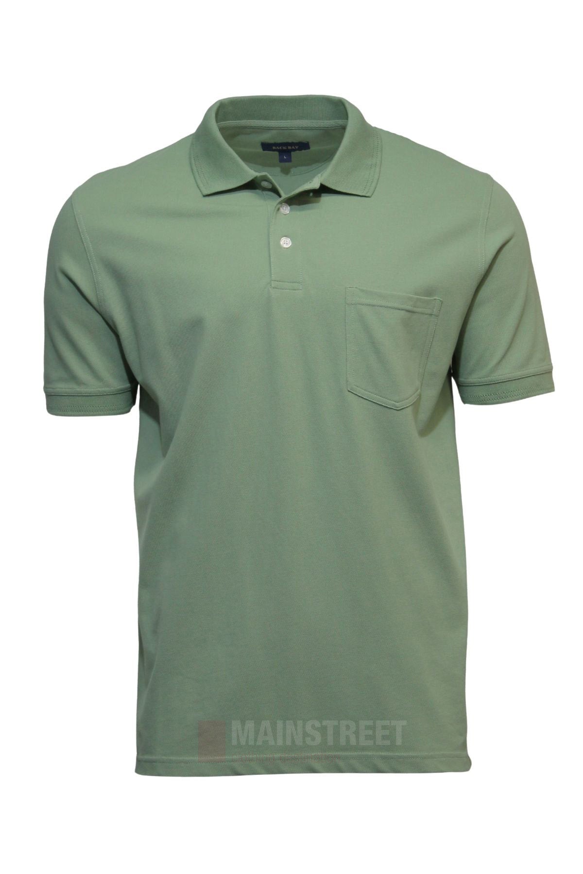 The Back Bay Micro Pique Plain Polo in light green features a classic collar, two-button neckline, soft-touch fabric, and a single chest pocket, shown against a plain white background.