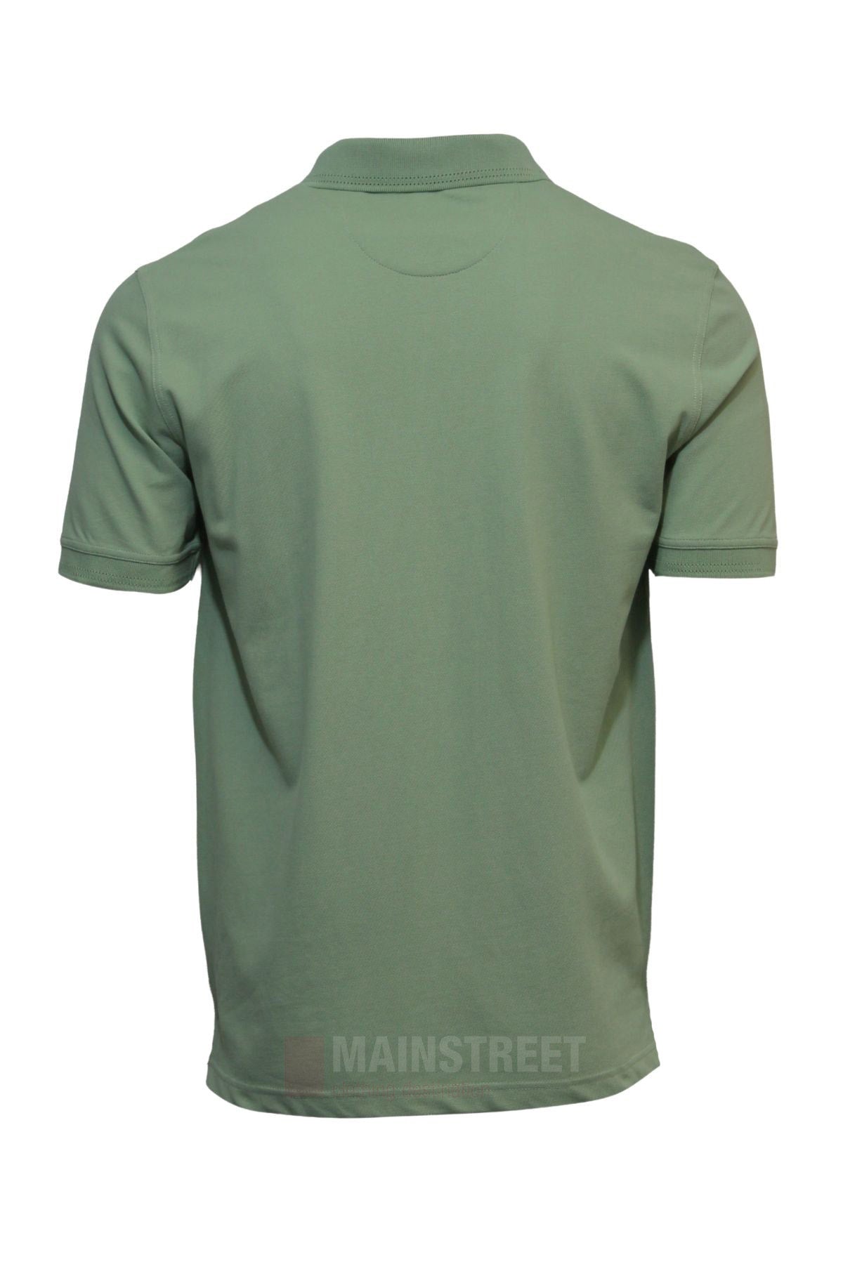 The Back Bay Micro Pique Plain Polo, a light olive green short-sleeved shirt with a classic collar, is shown from the back against a white background.
