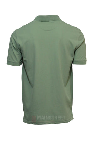 The Back Bay Micro Pique Plain Polo, a light olive green short-sleeved shirt with a classic collar, is shown from the back against a white background.