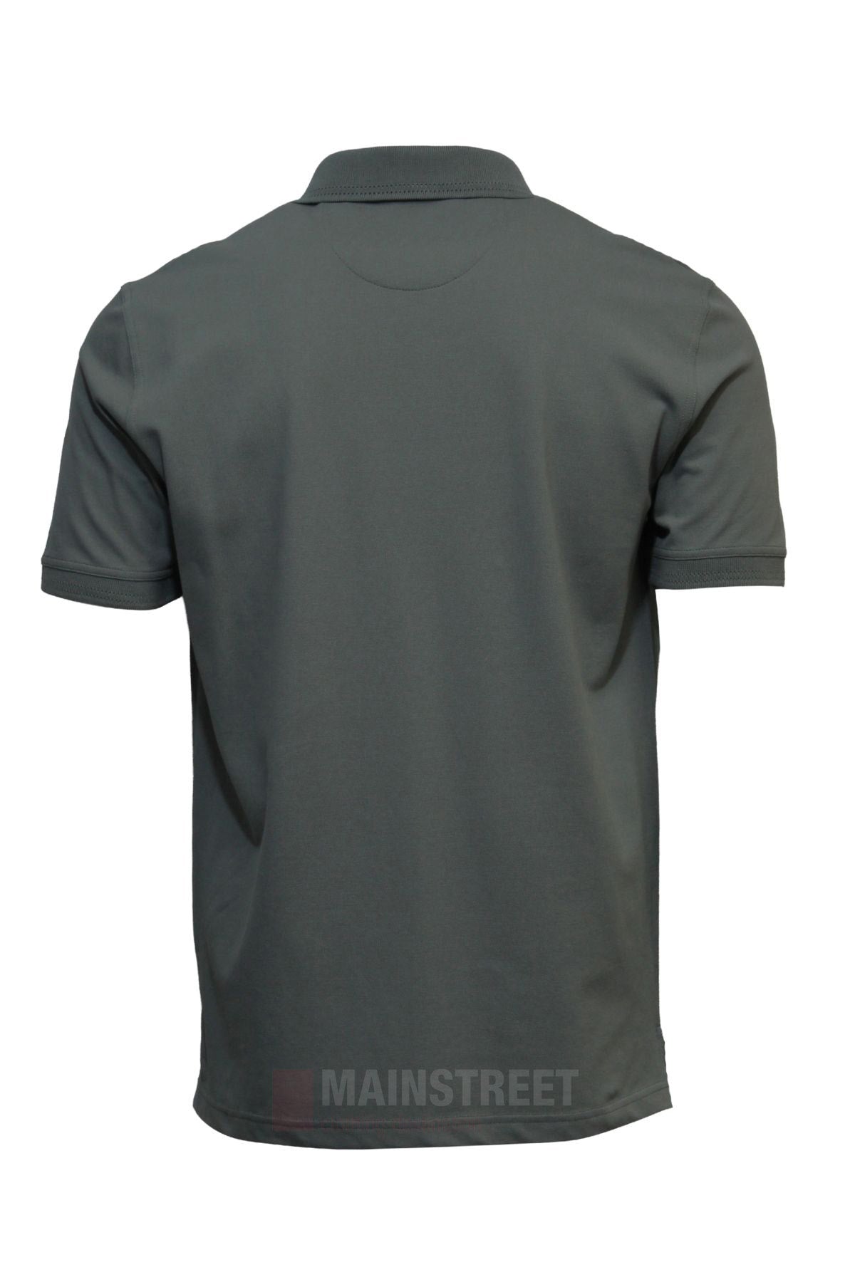 The Back Bay Micro Pique Plain Polo in dark gray is a soft touch, short-sleeve shirt shown from the back, offering casual comfort and displayed against a white background.
