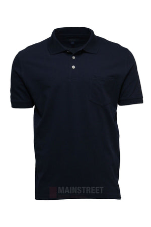 The Back Bay Micro Pique Plain Polo features a dark navy blue color, classic collar, three-button placket, chest pocket, and is crafted from soft-touch fabric. Displayed on a white background.