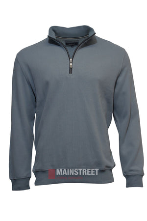 The Back Bay Peached French Rib Fleece is a steel blue, long-sleeve jumper with a regular fit and quarter-zip collar. The zipper is partially open, showcasing soft, comfortable fabric.