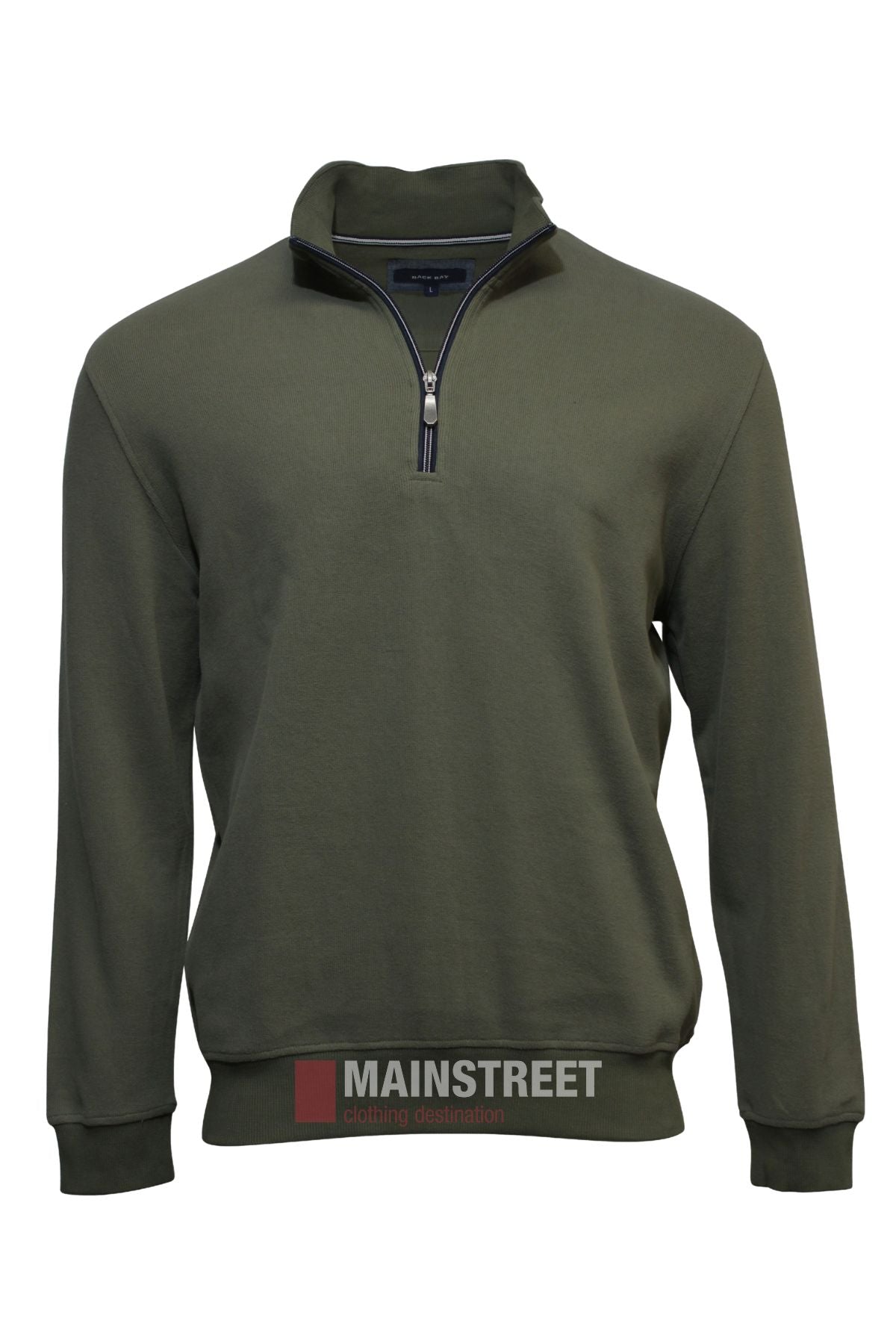 The Back Bay Peached French Rib Fleece is a plain olive green long-sleeve jumper with a half zip collar, rib knit cuffs, straight hem, and a faint MAINSTREET logo at the lower front.