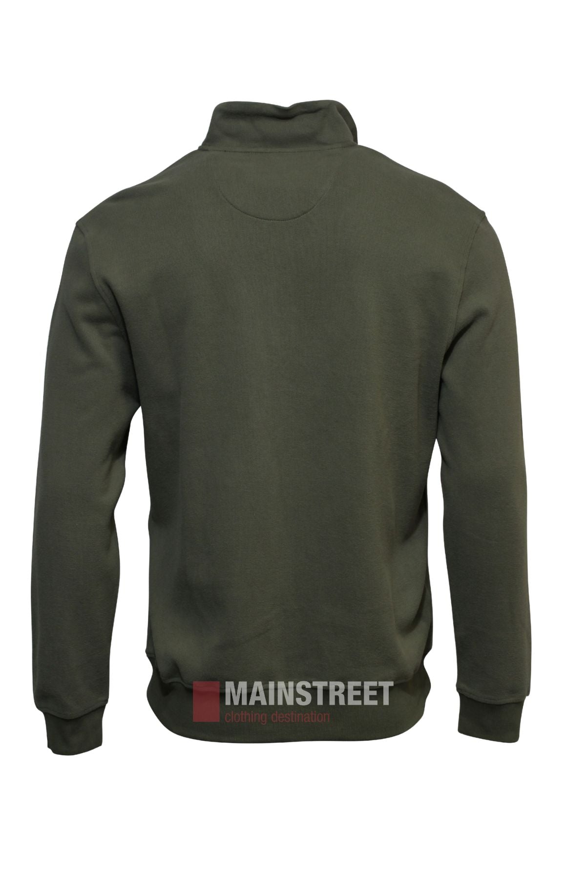 The Back Bay Peached French Rib Fleece is displayed from the back, in dark green with ribbed cuffs and waistband. "MAINSTREET clothing destination" logo appears at the bottom center for classic Back Bay style.