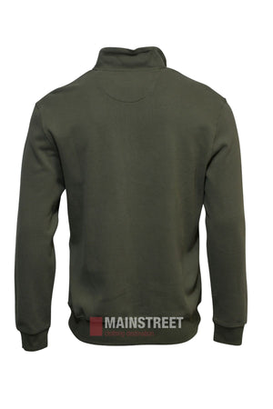 The Back Bay Peached French Rib Fleece is displayed from the back, in dark green with ribbed cuffs and waistband. "MAINSTREET clothing destination" logo appears at the bottom center for classic Back Bay style.