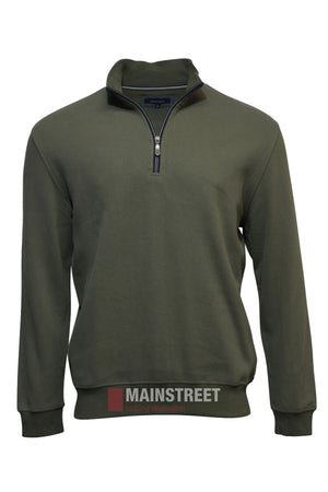 The Back Bay Peached French Rib Fleece is a plain olive green long-sleeve jumper with a half zip collar, rib knit cuffs, straight hem, and a faint MAINSTREET logo at the lower front.