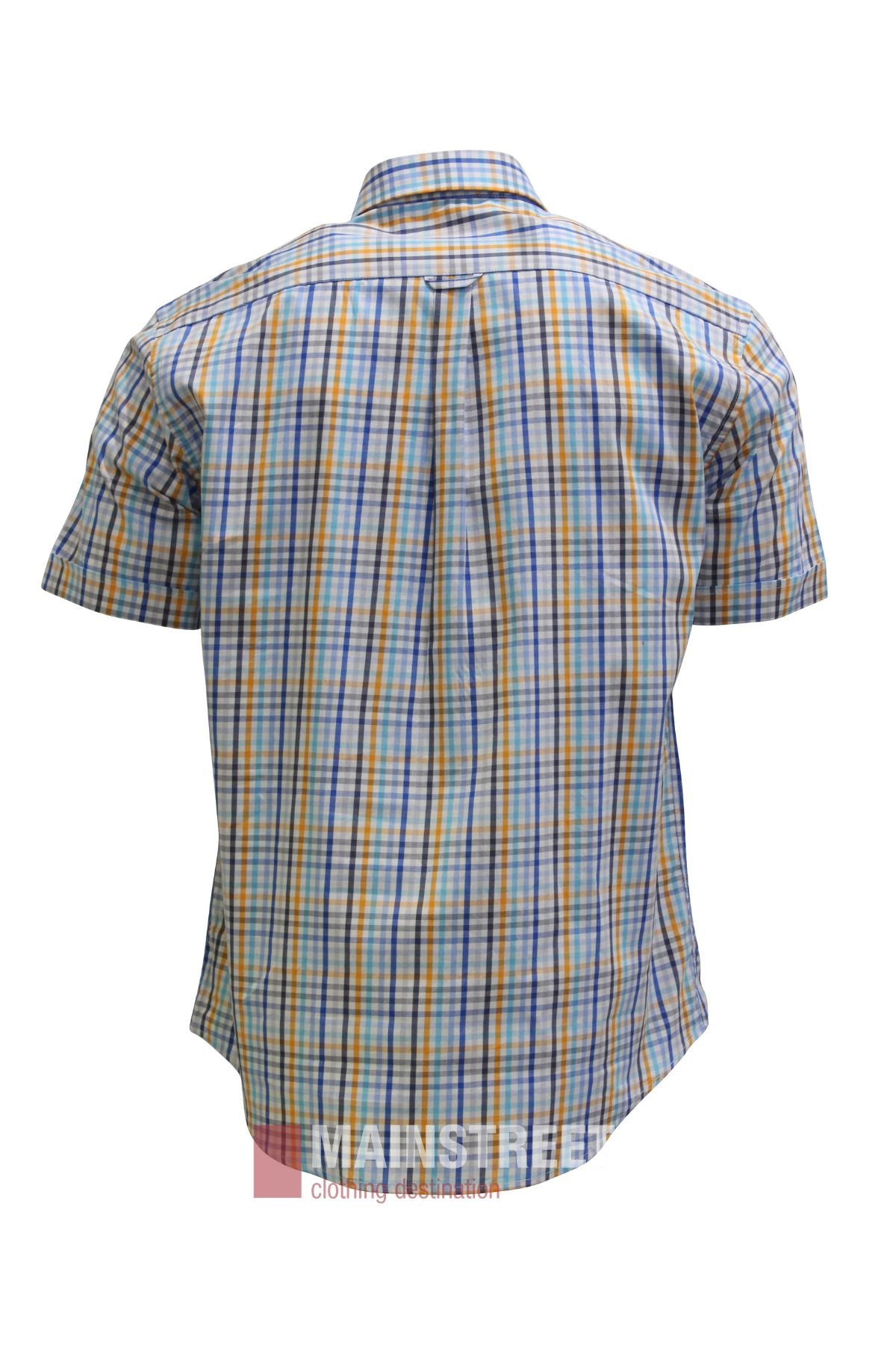 The Back Bay Premium Cotton Check Short Sleeve Shirt is a men’s casual button-up with short sleeves, featuring a blue, yellow, and white plaid pattern. It is displayed from the back against a plain white background.