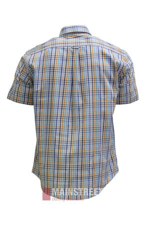 The Back Bay Premium Cotton Check Short Sleeve Shirt is a men’s casual button-up with short sleeves, featuring a blue, yellow, and white plaid pattern. It is displayed from the back against a plain white background.