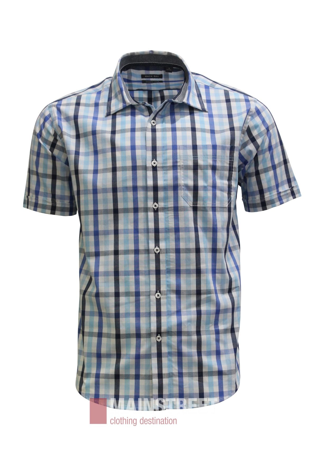 Back Bay Premium Cotton Check Short Sleeve Shirt featuring a blue, black, and white plaid pattern, short sleeves, a pointed collar, chest pocket, and a subtle “MAINSTREET clothing destination” logo at the bottom.