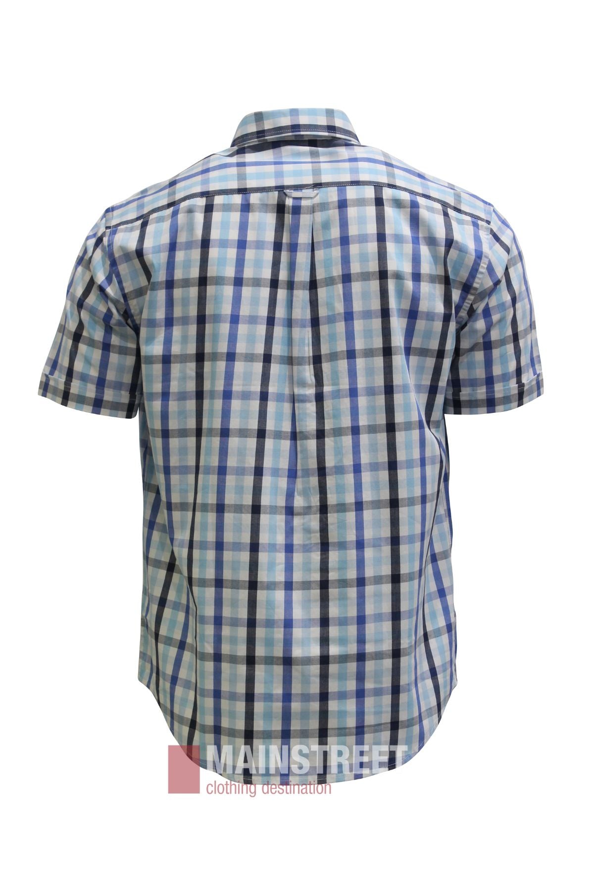 Back view of the Back Bay Premium Cotton Check Short Sleeve Shirt, featuring a button-up design and short sleeves, crafted from soft cotton in a blue, white, and black plaid pattern. The shirt is displayed on a plain white background.