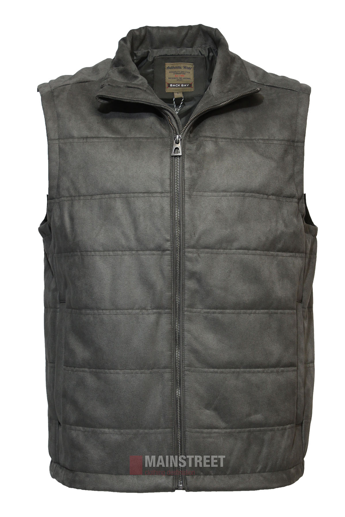 The Back Bay Suede Vest is a sleeveless gray quilted vest with a front zipper, two side pockets, an internal pocket, and a stand-up collar. Displayed on a white background, the label "MAINSTREET" appears at the bottom.