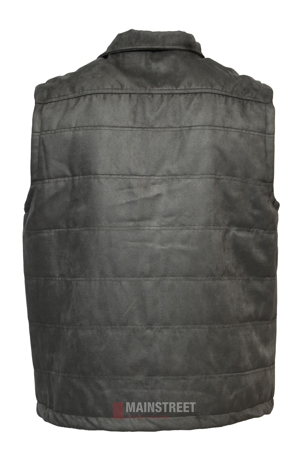 A back view of the Back Bay Suede Vest in dark gray with quilted horizontal stitching and a collar, shown against a white background. "MAINSTREET" is printed near the bottom center.