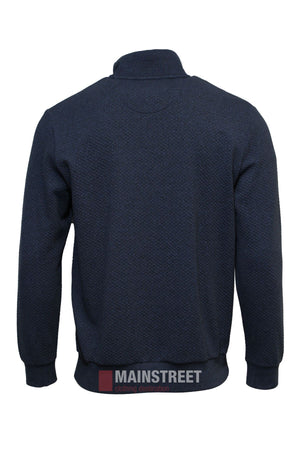 Back view of the Back Bay Waffle 1/4 Zip Light Weight Fleece in navy blue with a textured finish, collar, long sleeves, and ribbed cuffs and hem on a white background. For fit details, see our size guide or contact customer service. "MAINSTREET" watermark included.