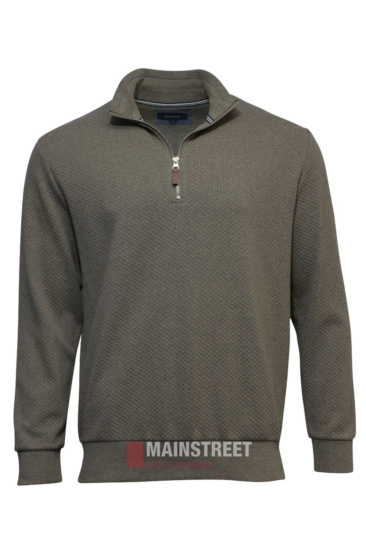 The Back Bay Waffle 1/4 Zip Light Weight Fleece is a men's olive green textured pullover with a stand collar, ribbed cuffs and hem, shown on a white background. The Mainstreet logo is at the bottom.