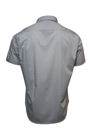 Back view of the Back Bay Bamboo Soft Touch Print Short Sleeve Shirt, showcasing a subtle dotted pattern, short sleeves, collar, and curved hem in light gray polyester-cotton blend, displayed on a white background.