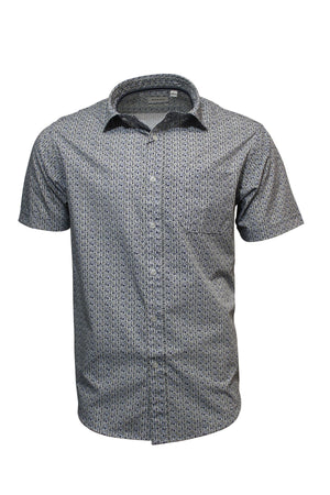 The Back Bay Bamboo Soft Touch Print Short Sleeve Shirt is a men's blue and white geometric print shirt with a classic collar, single chest pocket, and button-up style, made from a soft polyester-cotton blend, shown on a plain white background.