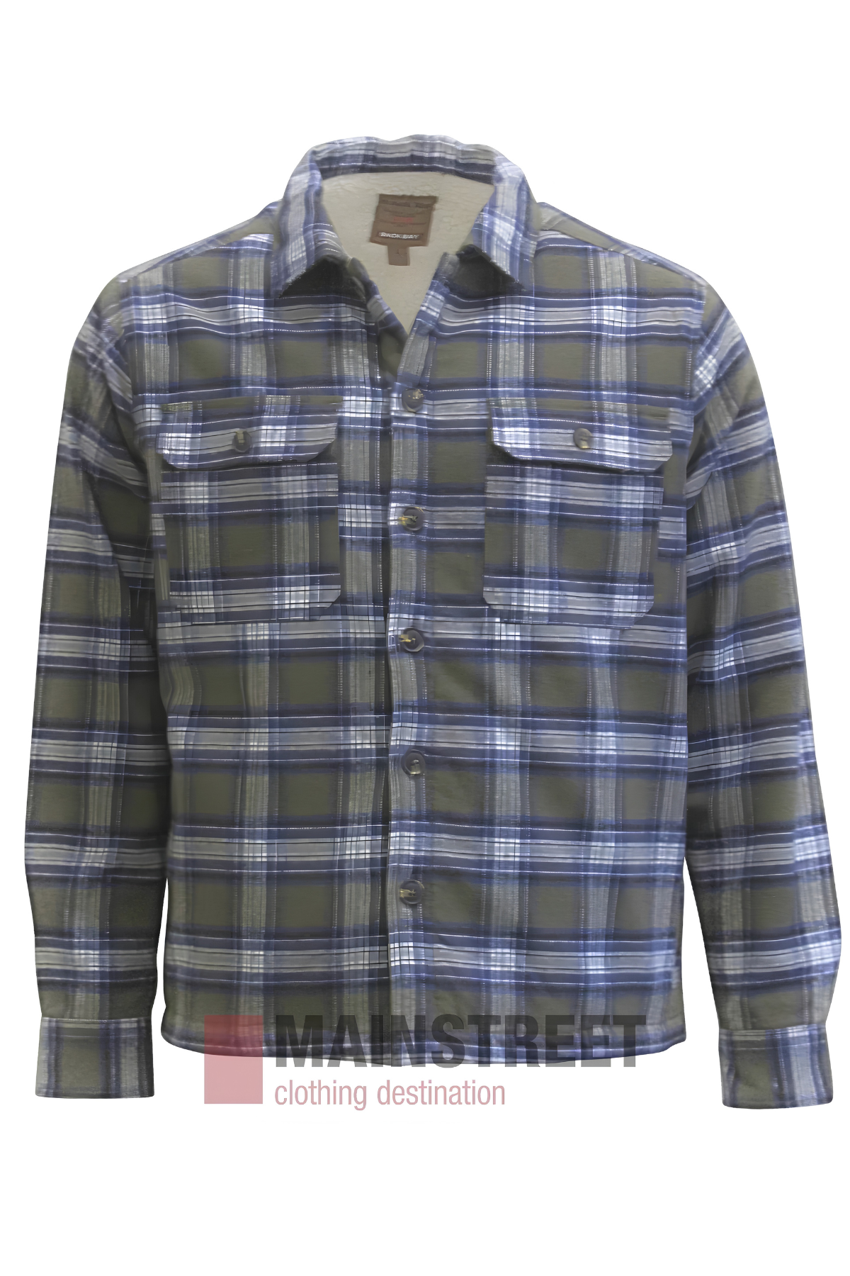 The Back Bay Sherpa Shirt Jacket is a long-sleeve, button-up plaid jacket in green, blue, and white with two chest pockets and buttoned flaps. It features a cozy fleece lining and is shown on a white background with the MAINSTREET watermark.