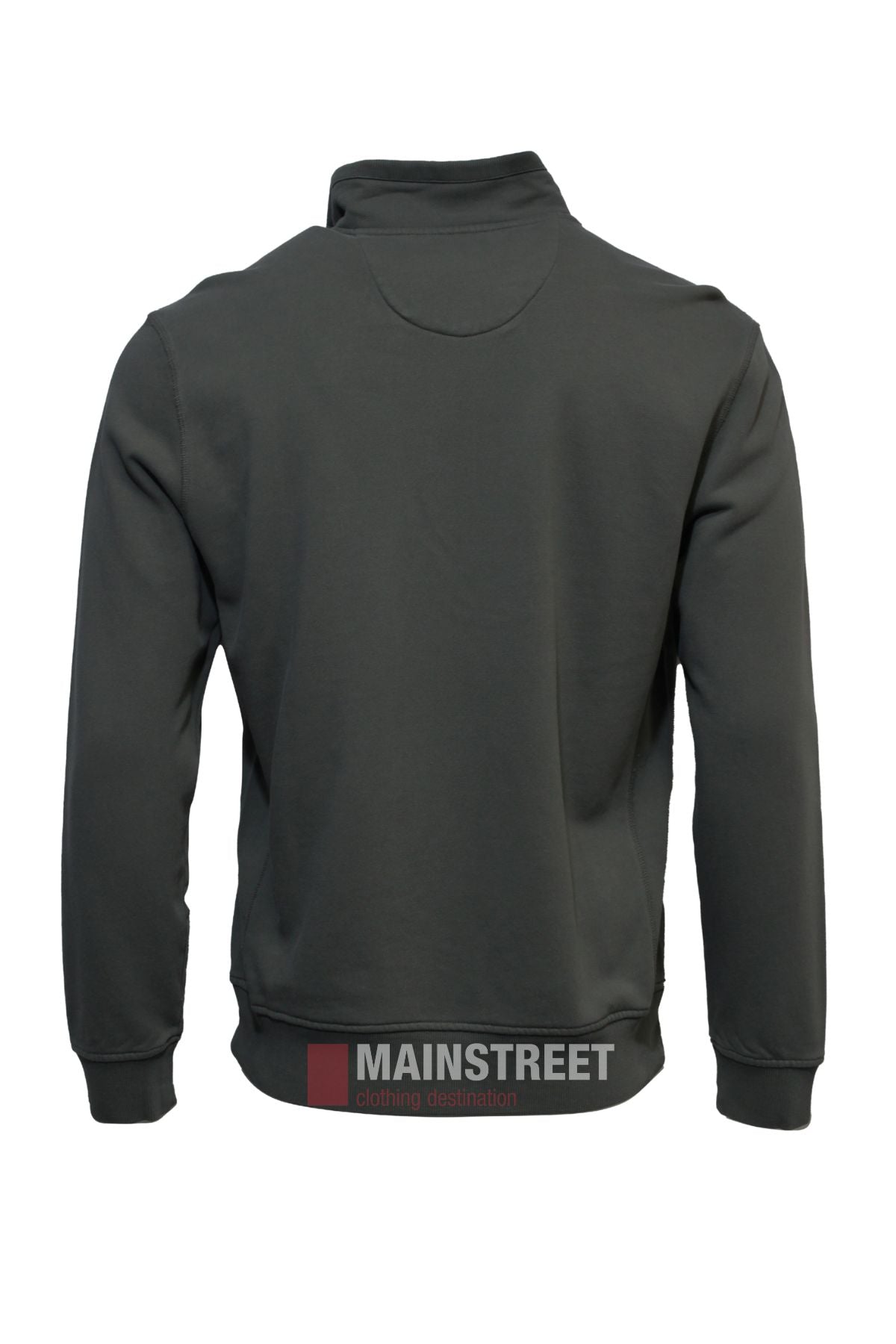 A dark gray men's Back Bay Garment Dyed 1/4 Zip Fleece, seen from the back, features a high collar, ribbed cuffs and hem, and a garment-dyed MAINSTREET logo across the lower back.