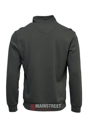 A dark gray men's Back Bay Garment Dyed 1/4 Zip Fleece, seen from the back, features a high collar, ribbed cuffs and hem, and a garment-dyed MAINSTREET logo across the lower back.