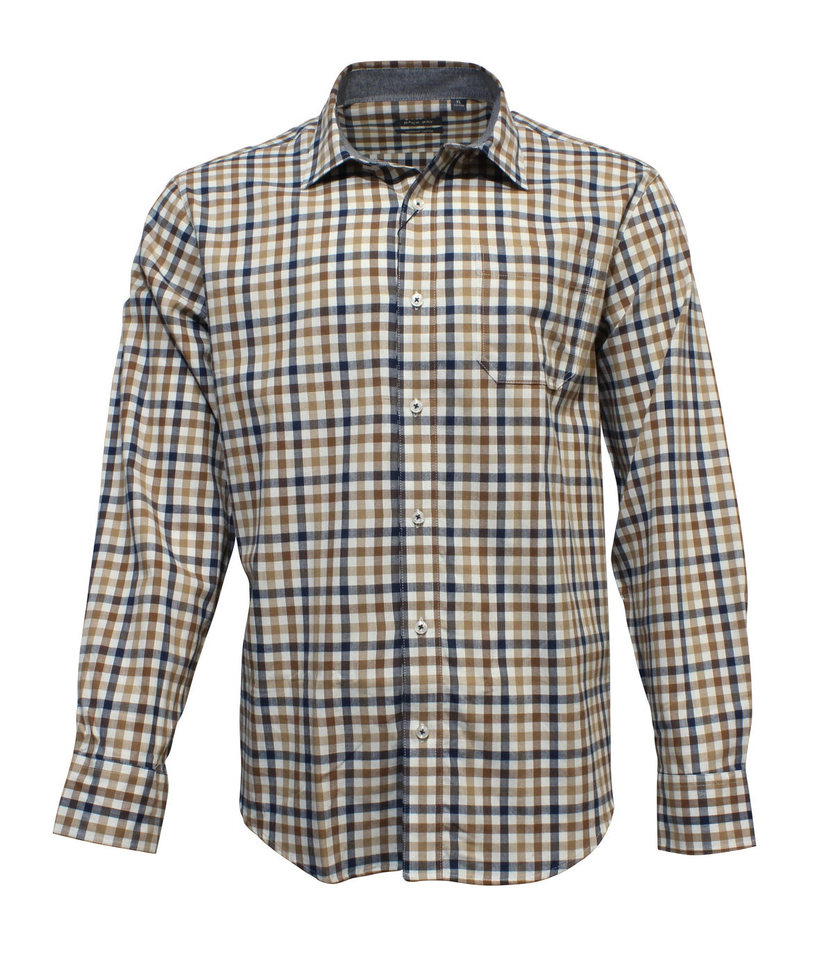 The Back Bay Brushed Cotton Check Shirt is a premium long-sleeved button-up featuring a plaid pattern in shades of brown, beige, and blue with a pointed collar, elegantly displayed against a white background.