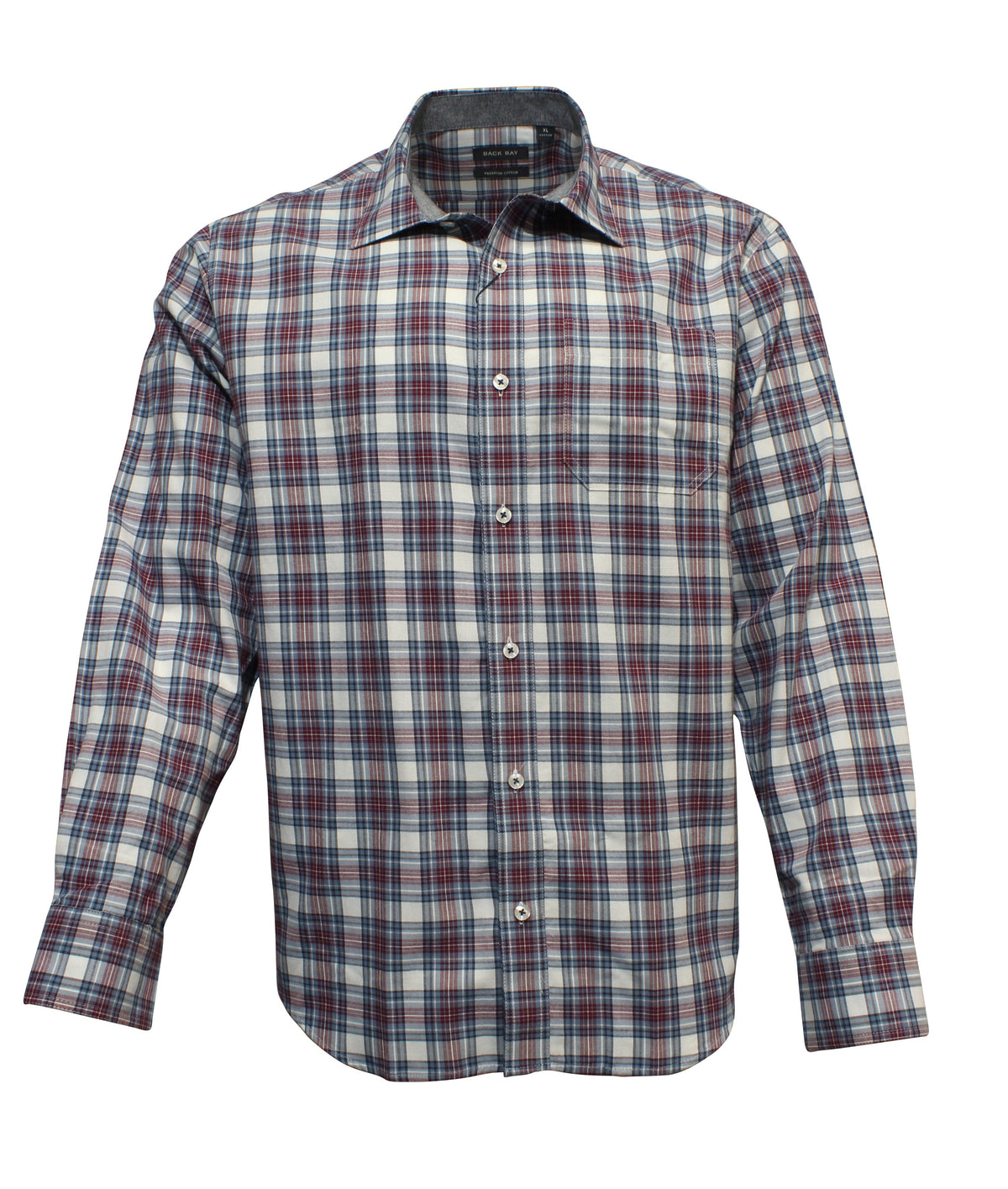 A long-sleeve Back Bay Brushed Cotton Check Shirt in a plaid pattern with shades of blue, red, and white. This classic collared button-down shirt features white buttons along the front and is crafted from premium cotton fabric that maintains a fresh, unworn feel.