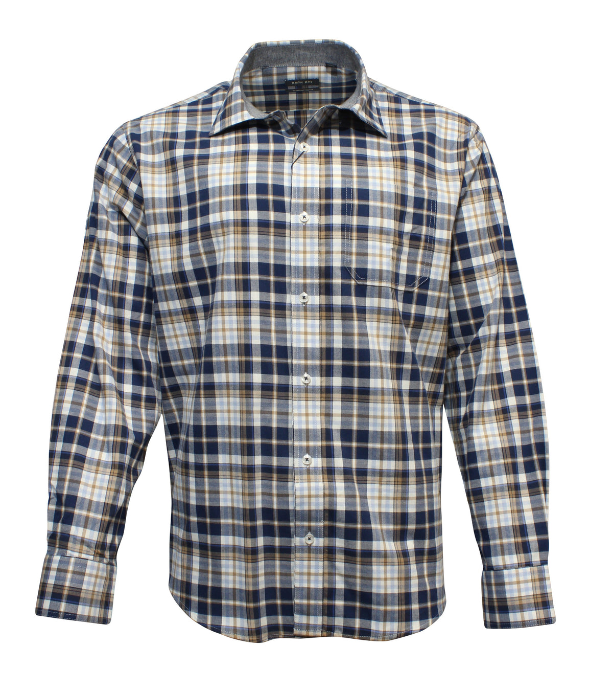 The Back Bay Brushed Cotton Check Shirt features a blue, white, and beige plaid pattern. Crafted from premium cotton, this button-up shirt with a collar exudes classic casual style.