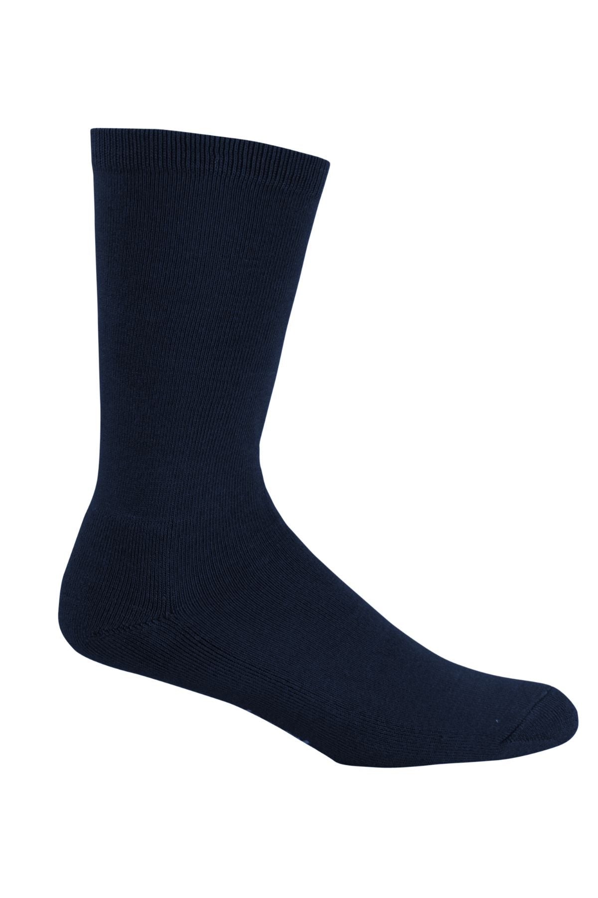 The Bamboo Business Sock is a plain navy blue crew sock with a ribbed cuff and smooth texture, shown from the side—perfect for all-day comfort.