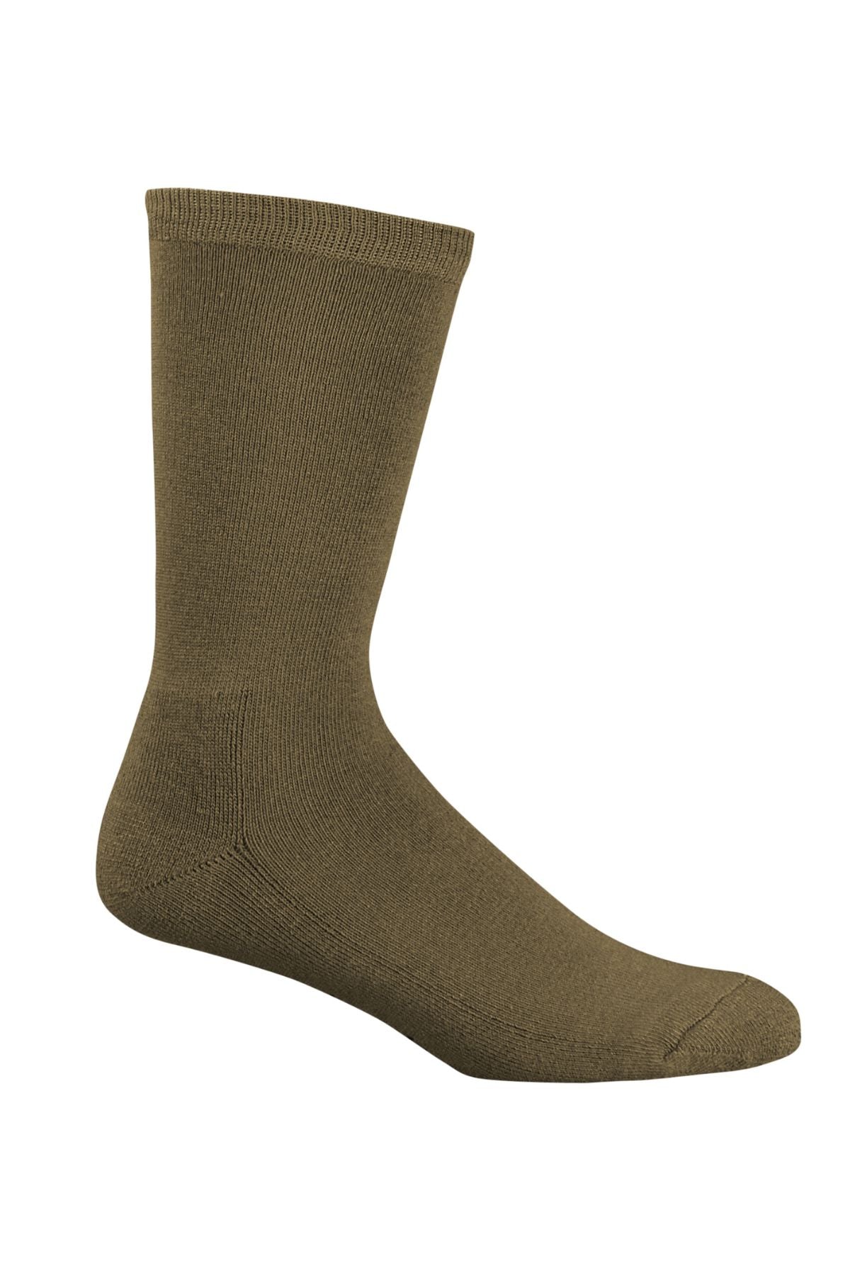 The Bamboo Business Sock in olive green is shown upright on a white background, featuring a ribbed cuff and smooth knit texture made from anti-bacterial bamboo fibre.