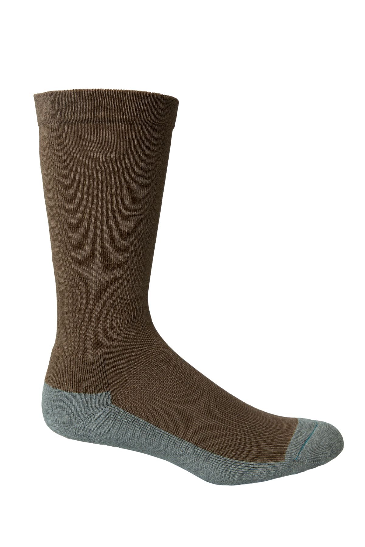 A single Bamboo Health Sock made from brown bamboo fibre with a gray heel, toe, and sole is displayed on a white background.