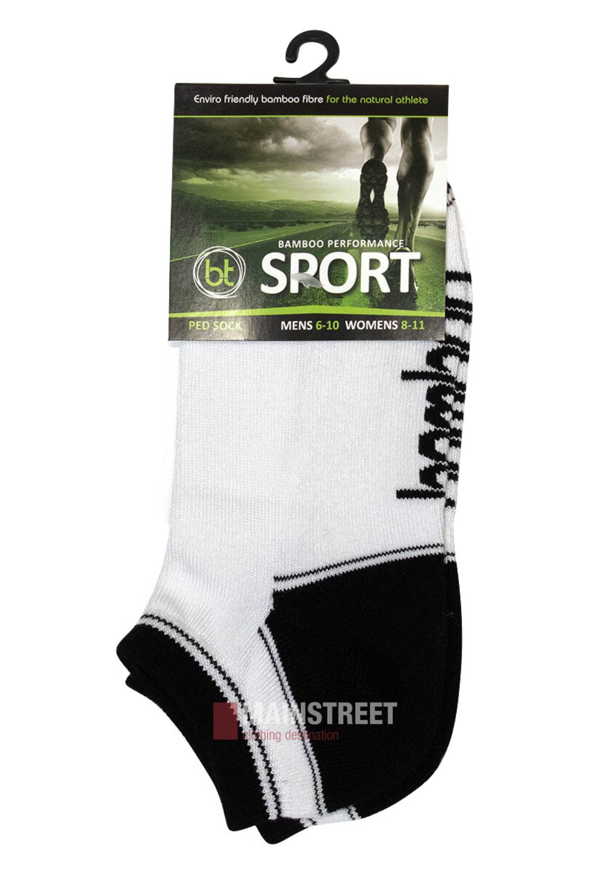 A pack of Bamboo Ped Sock performance socks in black and white, fits men’s sizes 6-10 and women’s 8-11. Made from eco-friendly bamboo fiber, they’re ideal for athletes and all sports activities.