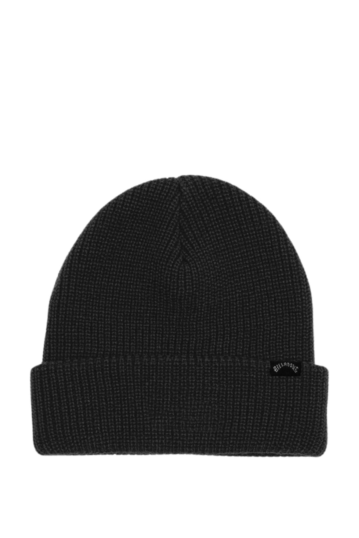 The Billabong Arcade Beanie is black with a Skull Fit design, made from acrylic rib knit, and features a folded brim plus a small black side tag.