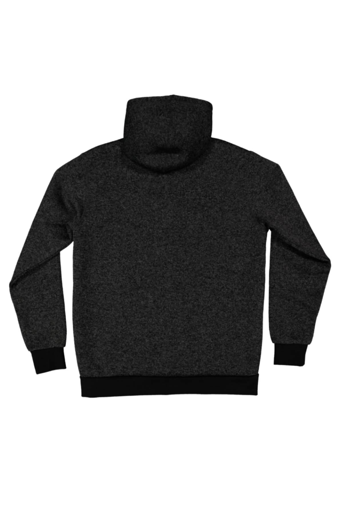 The Billabong Revolt Zip Thru Hood is a plain dark gray hoodie shown from the back, featuring long sleeves, a hood, black ribbed cuffs and waistband, and made from cotton blend textured fleece for comfort.