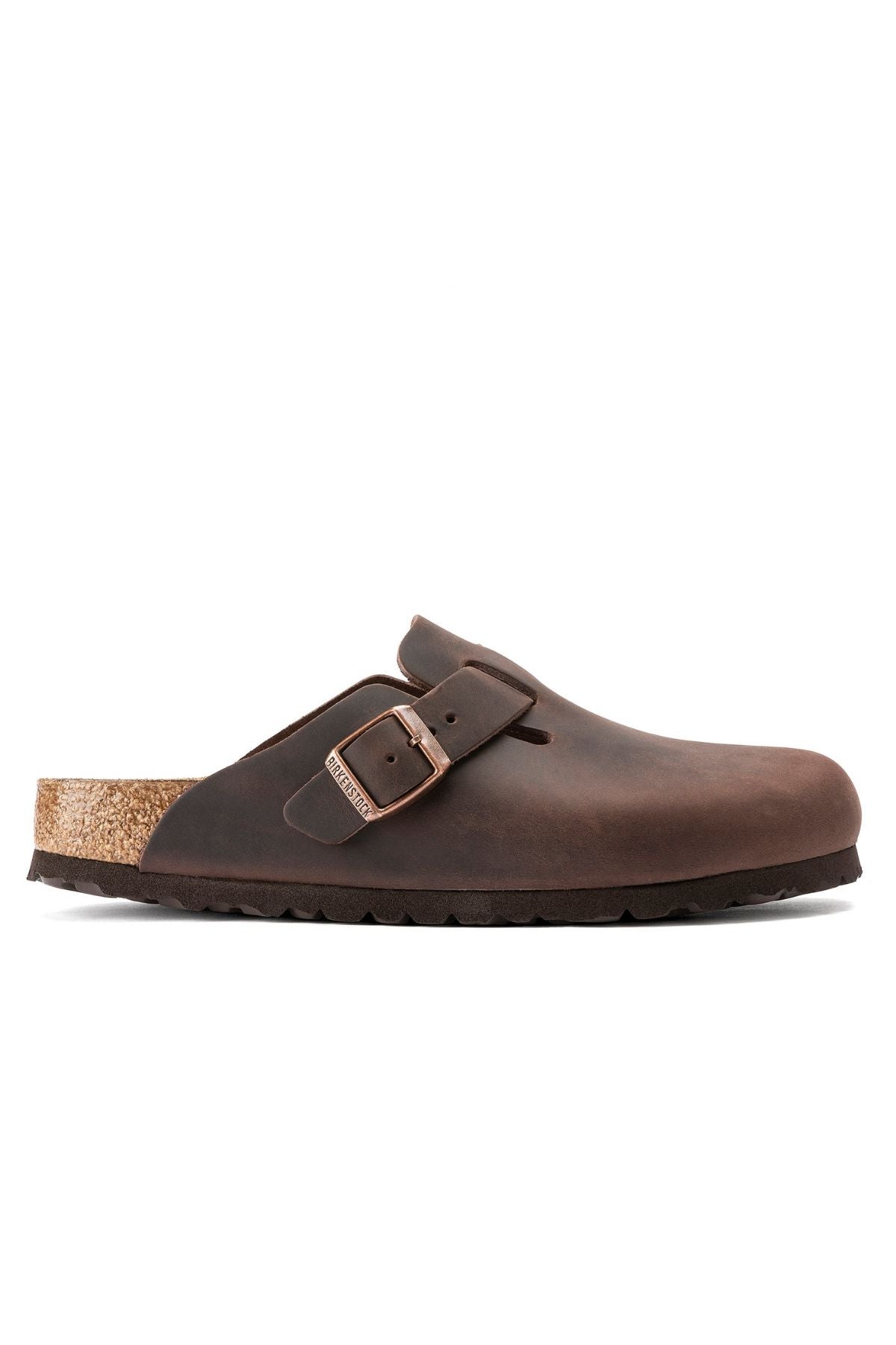 The Birkenstock Boston is a brown, closed-toe slip-on clog with an adjustable buckle, anatomically shaped footbed, and black rubber sole, shown from the side for classic comfort.