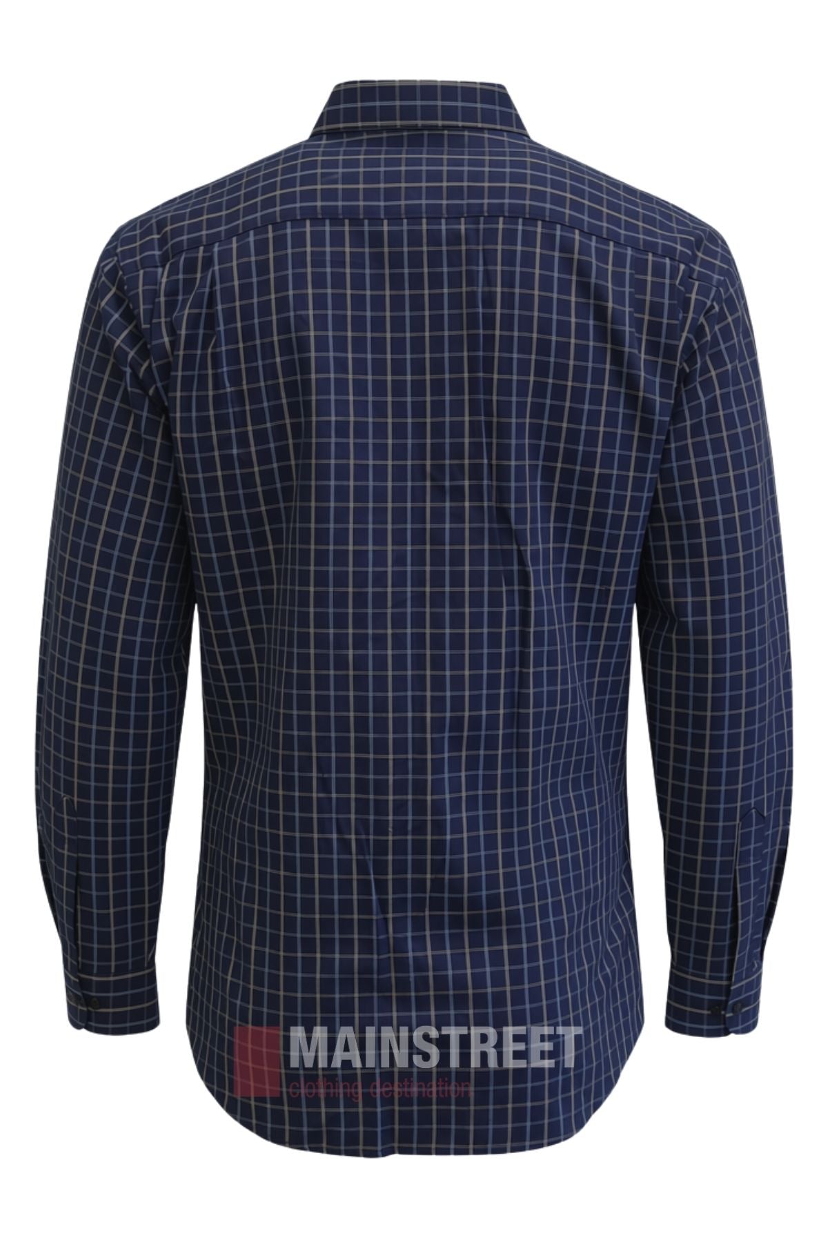 A back view of the Bisley Countryman Cotton Shirt in navy blue, showcasing a white checkered pattern, classic collar, and cuffs. Crafted from 100% cotton, this long-sleeve button-up shirt offers comfort and durability in signature Bisley style.