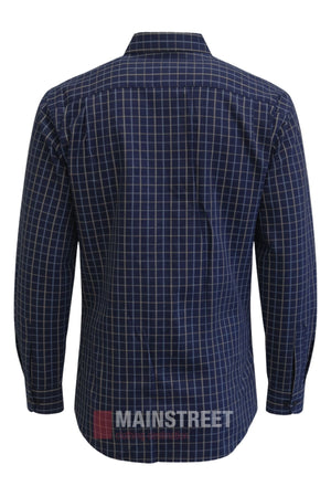 A back view of the Bisley Countryman Cotton Shirt in navy blue, showcasing a white checkered pattern, classic collar, and cuffs. Crafted from 100% cotton, this long-sleeve button-up shirt offers comfort and durability in signature Bisley style.