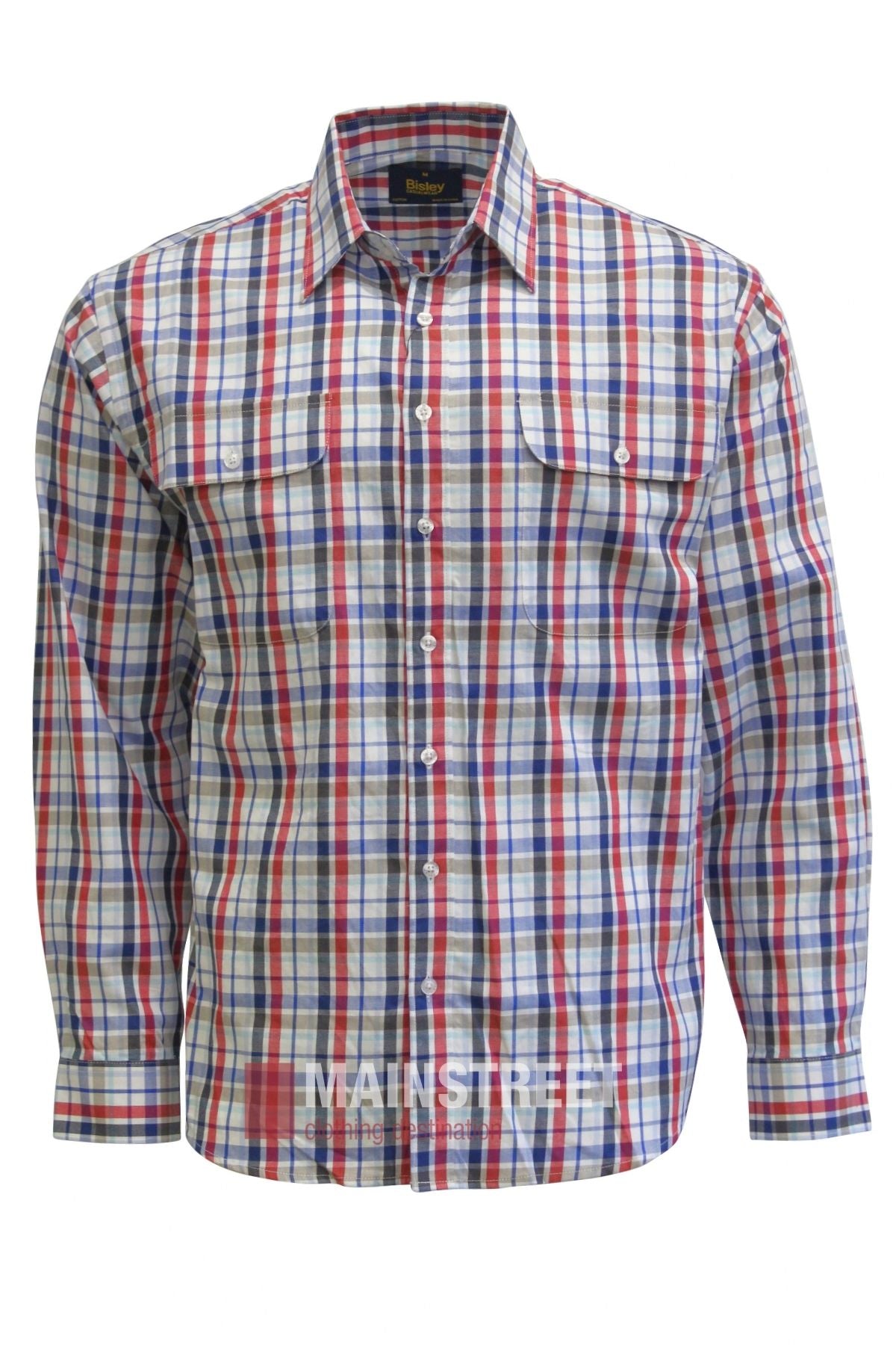 The Bisley Countryman Cotton Shirt is a long-sleeve, button-up shirt featuring a red, blue, and white plaid pattern. Made from 100% cotton for comfort and classic style, it includes two chest pockets with flaps and a collar.