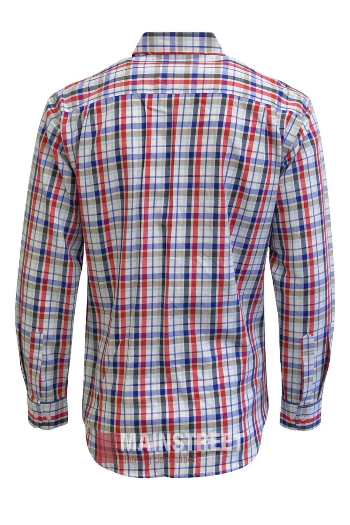 Back view of the Bisley Countryman Cotton Shirt, a long-sleeve button-up with a red, blue, and white plaid pattern. Made from 100% cotton, it features a collar, cuffs, and a slightly curved hem for classic appeal.