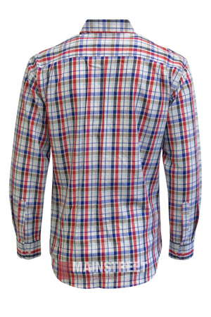 Back view of the Bisley Countryman Cotton Shirt, a long-sleeve button-up with a red, blue, and white plaid pattern. Made from 100% cotton, it features a collar, cuffs, and a slightly curved hem for classic appeal.