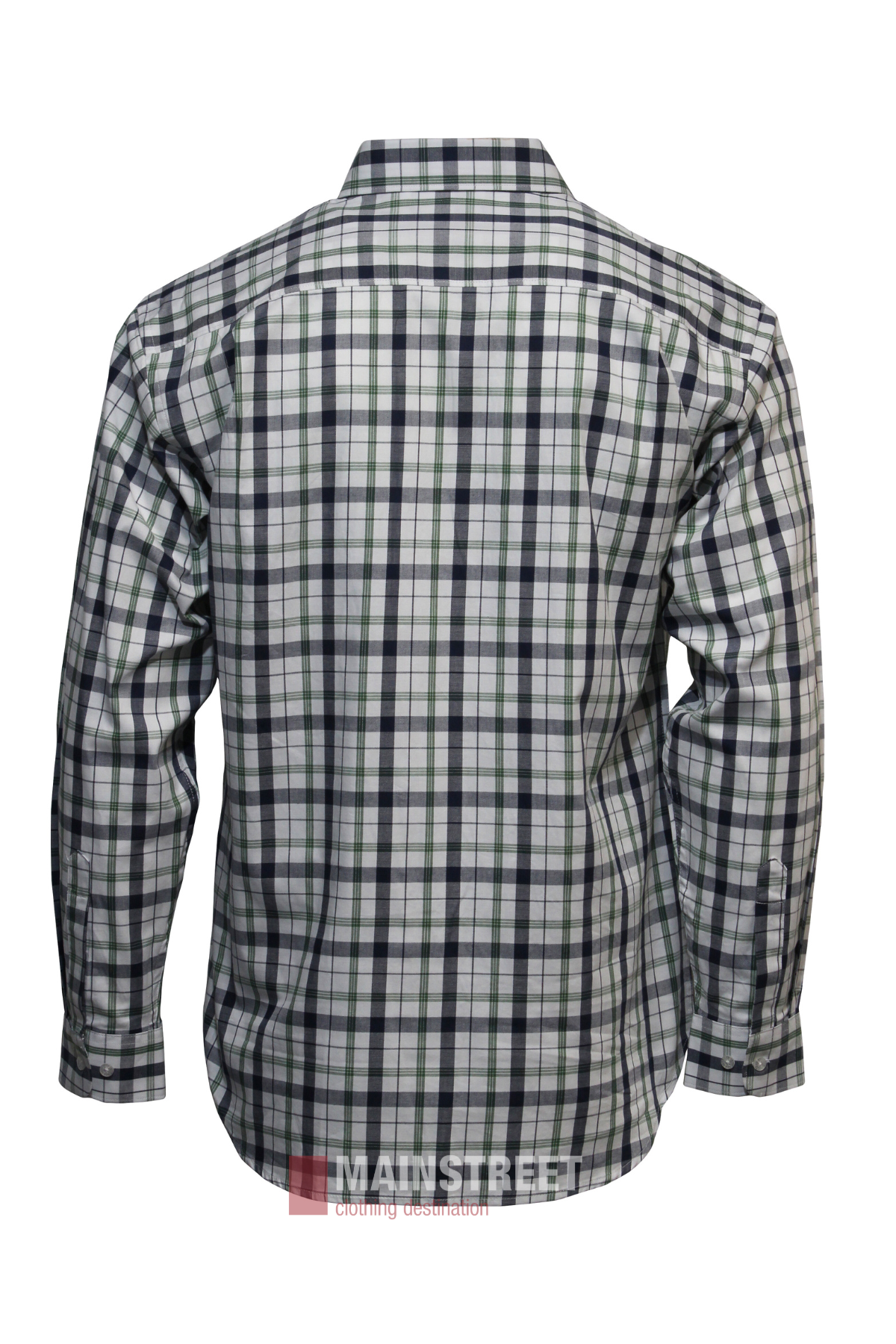 The Bisley Countryman Cotton Shirt, a long-sleeved shirt with a black, white, and green plaid pattern, is shown from the back on a white background.