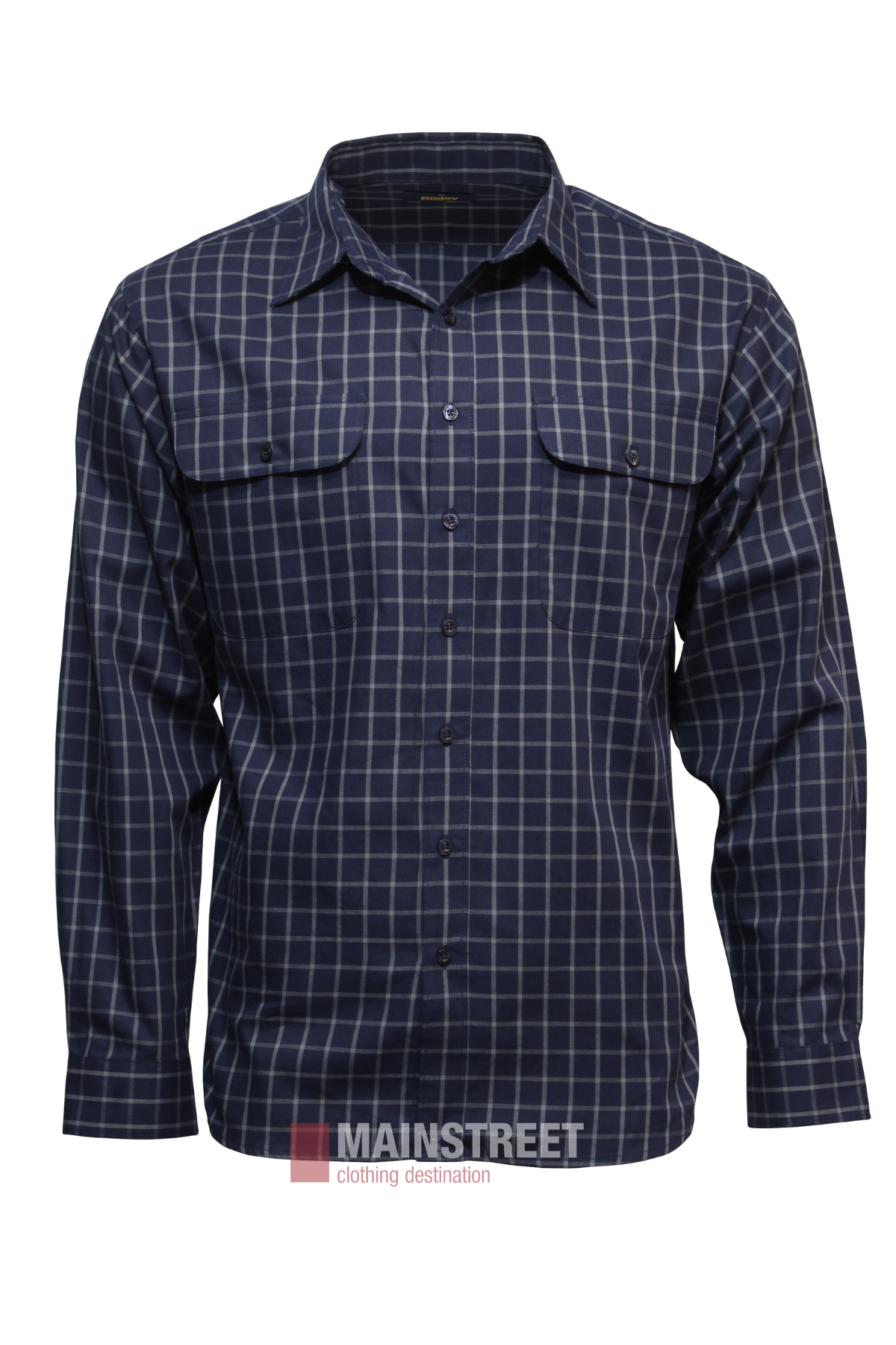 The Bisley Countryman Cotton Shirt is a long-sleeve, button-up shirt with a blue and white check pattern and two chest pockets with button flaps. It’s shown on a plain white background.