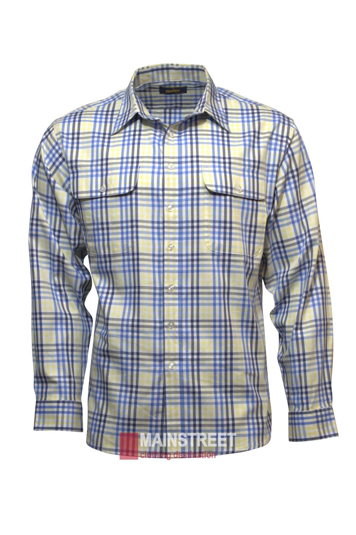Bisley Countryamn Cotton Shirt - Full button collared shirt with yellow and blue check pattern and two buttoned breast pockets