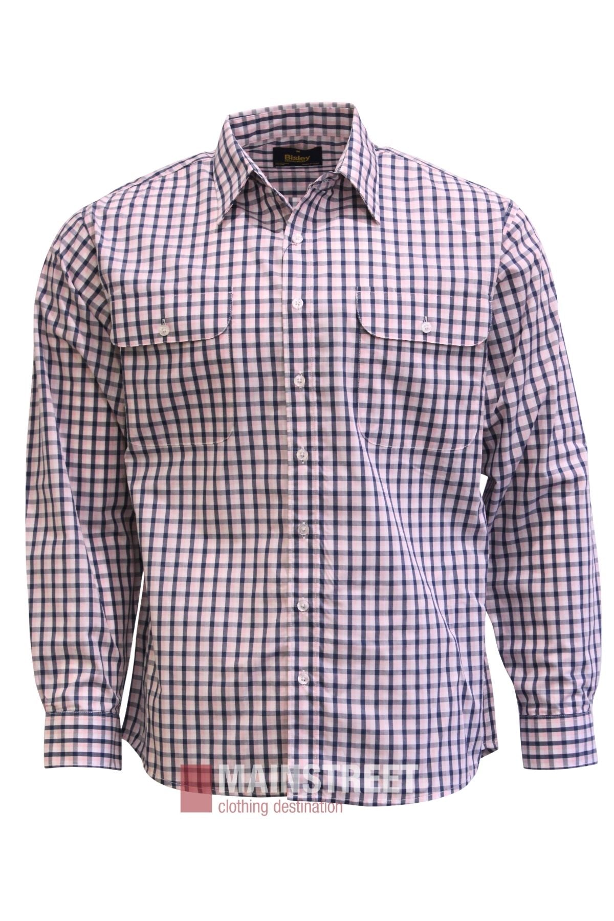 The Bisley Countryman Shirt is a long-sleeved shirt with a collar and buttoned chest pockets, featuring a pink, blue, and white checkered pattern.