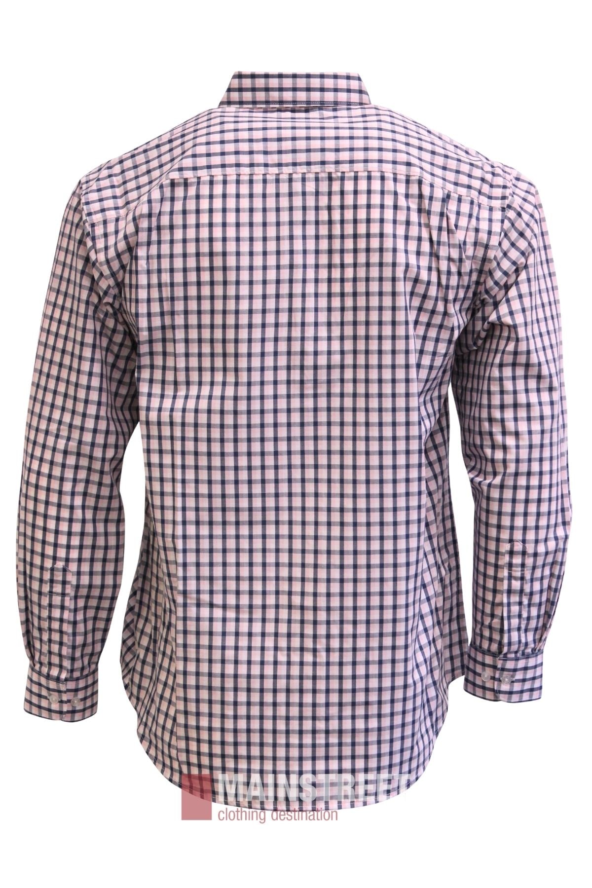 Back view of a long-sleeved, button-up Bisley Countryman Shirt featuring a blue, red, and white checkered pattern. The shirt is neatly displayed to showcase its collar, cuffs, hem, and signature buttoned chest pockets.
