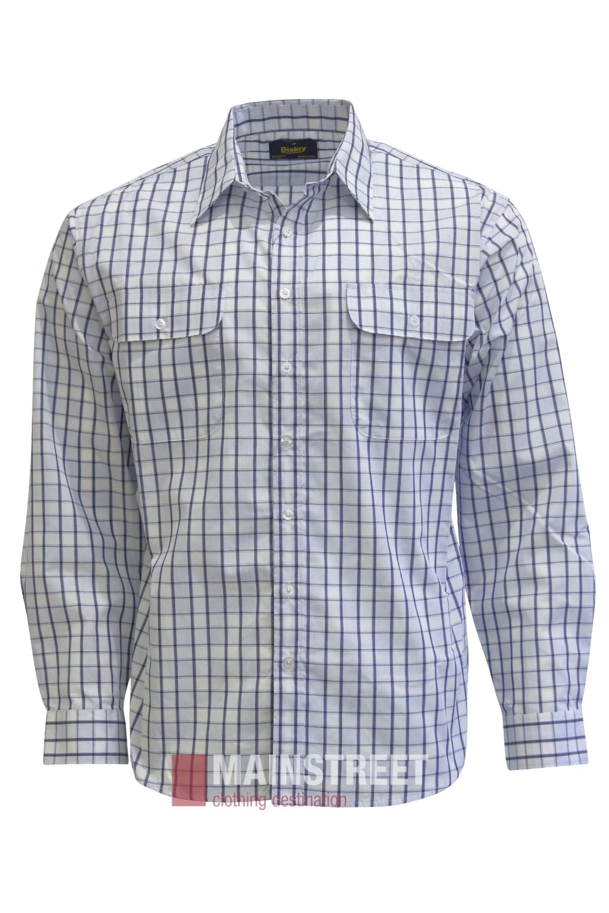 The Bisley Countryman Shirt is a long-sleeve button up with a blue and white checkered pattern, featuring two chest pockets and a collar. It is displayed on a white background.