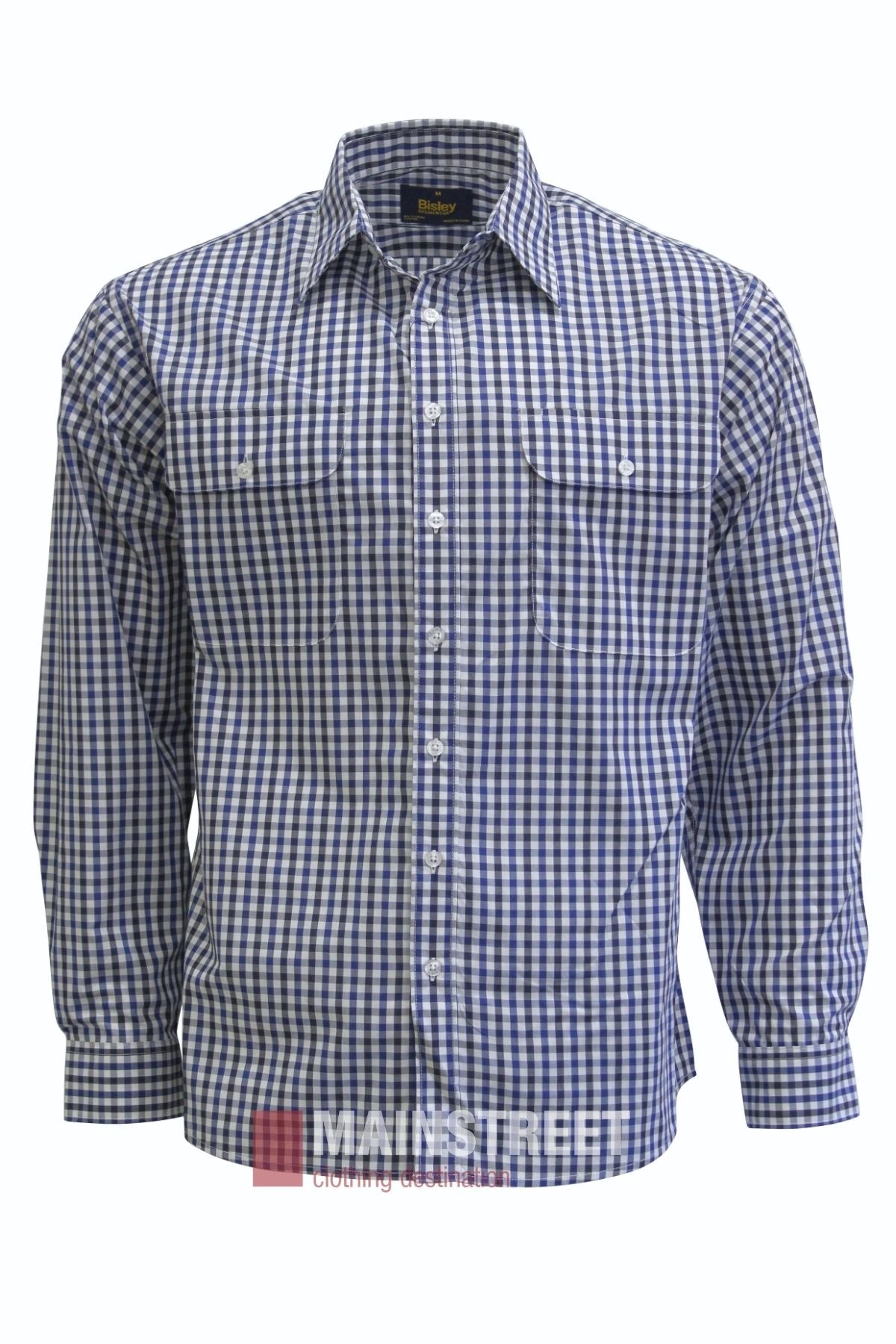 The Bisley Countryman Shirt, featuring a blue and white checkered pattern, long sleeves, and buttoned chest pockets, is displayed on a plain white background.