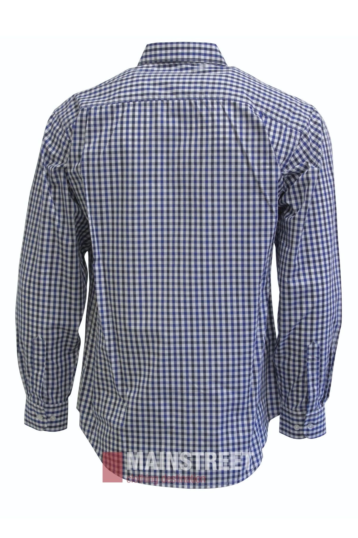 A back view of the Bisley Countryman Shirt is shown, displaying its long sleeves, blue and white checkered pattern, classic collar, cuffs, and buttoned chest pockets.