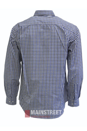A back view of the Bisley Countryman Shirt is shown, displaying its long sleeves, blue and white checkered pattern, classic collar, cuffs, and buttoned chest pockets.